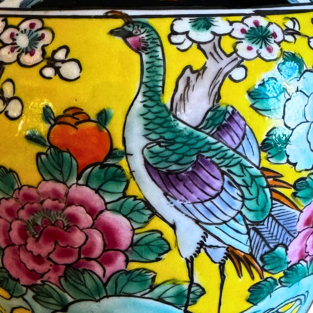 Japanese Porcelain Ginger Jar Hand Painted Yellow Peony Flower & Bird VTG 1950's - Picture 7 of 15